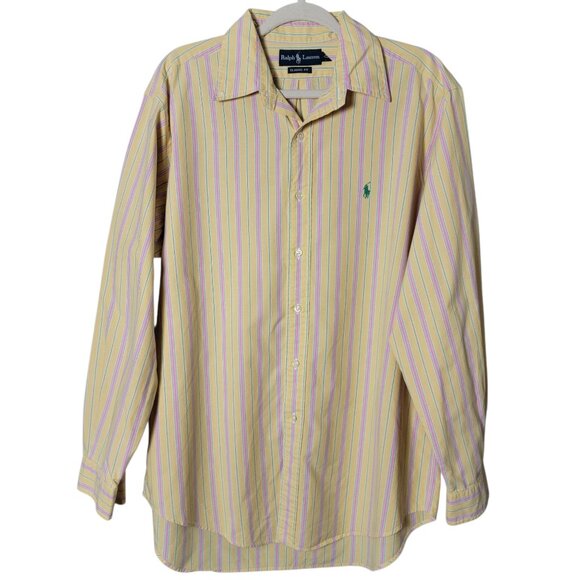 Ralph Lauren Mens Yellow Pink Striped Long Sleeve Button Down Dress Shirt Large - Picture 1 of 8